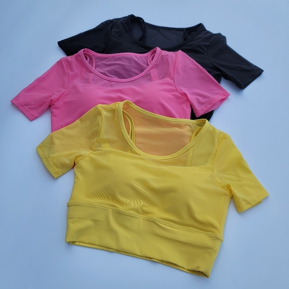 Pedigree Double Layered Mesh Crop Tee with Sports Bra Liner | Yellow - Picture 10 of 10